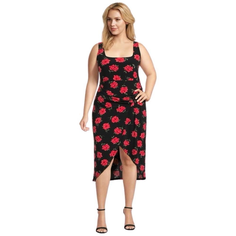 Rose Print Sleeveless Midi Wrap Dress